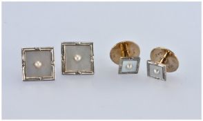 Pair Of 9ct Gold Gents Buttons Of Square Form, Mother Of Pearl Fronts With Central Pearl, Together