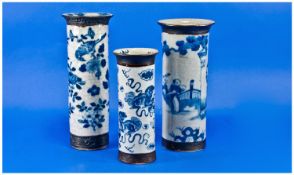 Three Chinese Blue & White Crackle Ware Sleeve Vases, all marked to the base with Chinese seal