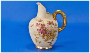 Royal Worcester Hand Painted Blush Ivory Helmet Shaped Ewer/Jug with wild flower decoration. Gold