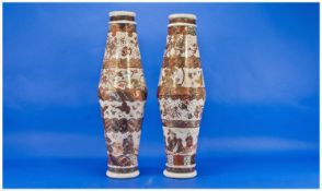 Japanese Pair Of Satsuma Pottery Vases Of Unusual Shape, tapering conical form. To the top and base