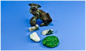 Four Jadeite Stone Carved Pendants (Largest 2¼ Inches) Together With An Archaic Style Model Of A Fu