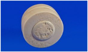 Circular Ivory Container, The Engraved Cover Showing Tigers, Diameter 65mm. Odd Chips To Rim