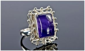 Amethyst and Silver Hand Crafted Ring, deep purple rectangular cabochon African amethyst, 13cts, in