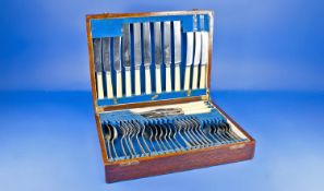 Early 20thC Oak Canteen Of Cutlery, 6 Piece Setting Comprising Knives, Forks, Spoons Etc.
