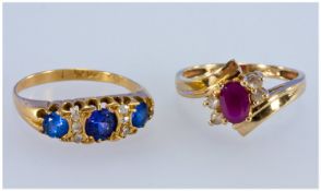 Edwardian 18ct Gold Ring Set With Three Faceted Blue Stones Set Between Six Old Cut Diamond