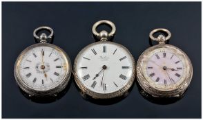 A Collection of 1920`s Ladies Silver Ornate Open Faced Pocket Watches, 3 in total. All in working