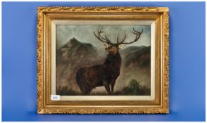 F. Grabtree Early 20th Century Artist. ``Stag in a Highland Setting``. Oil on canvas, signed and