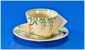 Clarice Cliff Hand Painted Art Deco/Conical Shaped Cup And Saucer. `Dryday` pattern. Circa 1937.