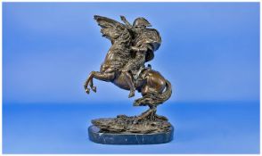 A 20th Century Bronze Figure of Napoleon on Horseback, raised on a marble plinth with bronze stamp.