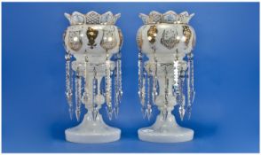 Victorian Early Fine Pair of Soda Glass Decorated Lustre Vases with gold decoration. Each stands 16