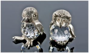 2 Crystal Bird Ornaments Mounted In White Metal