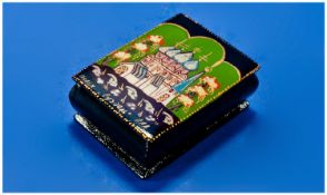 Quality Russian Lacquered Box. Beautifully painted and illustrated to the front with St Basil`s