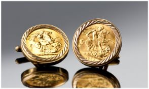 Elizabeth II 22 Carat Gold Pair of Full Sovereign Set Cufflinks, dates 1962 and 1967. Uncirculated.