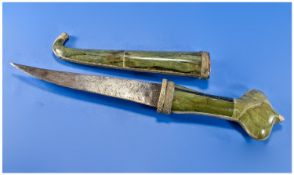 Arab Jambiya with green marble handle and scabbard. Engraved metal decoration to scabbard and
