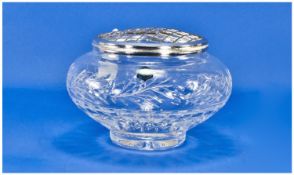 Stuart Fine Cut Crystal Rose Bowl with plated cover. Stuart label. 5.25 inches high. Mint