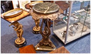 French Empire Style Cast Iron Table, With Marble Inset To Top And Base, Height 30 Inches, Diameter