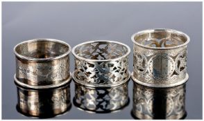 Silver Napkin Holders, 3 In Total. With pierced and openwork decoration. Various sizes and shapes.