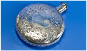 Silver Moon Shaped Hip Flask, Hallmark Rubbed, Looks To Be Birmingham J 1858, Profusely Chased