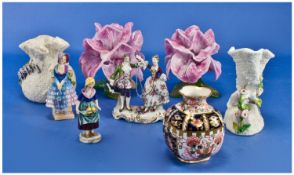 A Royal Crown Derby Imari Pattern Small Vase together with three miniature porcelain figures and