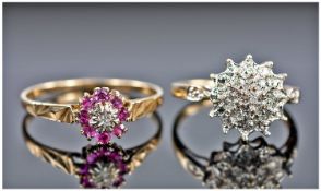 Two 9ct Gold Dress Rings, One Set With A Cluster Of Round Cut Diamonds The Other With Central