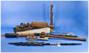 Collection Of African & Tribal Items Comprising A Fly Whisk, Carved Wooden Totem, African Food