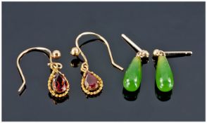 Two Pairs Of 9ct Gold Drop Earrings, One Set With Green Jadeite Stone, The Other With Red Faceted