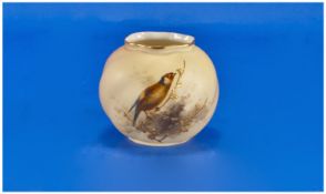 Royal Worcester Blush Ivory Small Vase decorated with image of a red headed bird perched on a gold
