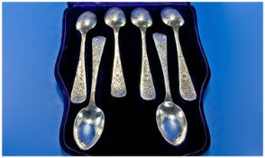 Cased Set Of Six Newcastle Silver Tea Spoons, Chased Floral Decoration, Fully Hallmarked For