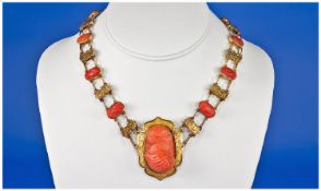 Victorian Red Coral Cameo Fringe Necklace, Made Up With A Central Adapted Brooch Of A Classical