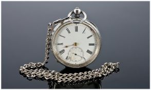 Swiss Late 19th Century Open Faced Silver Pocket Watch, fitted on a silver plated chain. Working