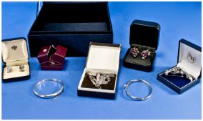 Jewellery Box Containing A Small Collection Of Silver Comprising 2  Bangles, Brooches,  Earrings,