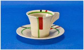Clarice Cliff Hand Painted Art Deco Cup And Saucer. `Abstract` design, red stripe. Date 1929.