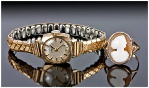 Ladies 9ct Gold Cameo Set Ring, Together With A ladies 9ct Gold Cased Wristwatch On A Rolled Gold