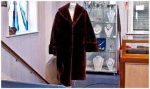 Vintage Dark Red Brown Beaver Lamb Full Length Coat, shawl collar, deep turn-back cuffs, slit