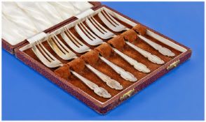 A Silver Set of Six Fruit Forks, Boxed. Hallmarked Sheffield 1954. 4ozs.
