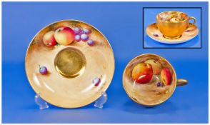 Royal Worcester Large Hand Painted Fruits Cup and Saucer ``Apples and Berries``. Signed Roberts.