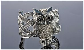 Owl Cuff Bangle, the large, perched owl studded with white Austrian crystals, with black for the