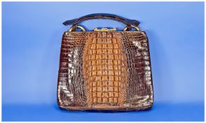 Dark Brown and Tan Crocodile Skin Vintage Handbag, the back, sides, base and handle using the large