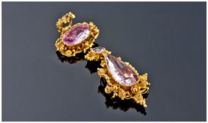 19thC High Carat Gold Pendant Drop, Set With Three Pink Topaz Stones, Closed Back Setting,