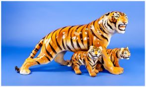 Continental Ceramic Tiger Figure Group, Marked to base `Made In Italy` 9`` in height, 16`` in