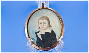 19thC Portrait Miniature On Ivory, Depicting A Young Boy, Wearing Black. 70 x 58mm Yellow Metal