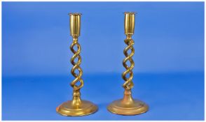 19th Century Brass Pair of Barley Twist Candlesticks. Each stands 10 inches high.
