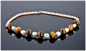 Tiger Eye and Freshwater Pearl Necklace, large, 16mm round beads of tiger eye interspaced with