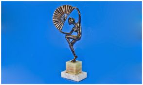 Art Deco Style Bronze Figure of a Dancing Girl in a seductive pose, terminating on a stepped onyx