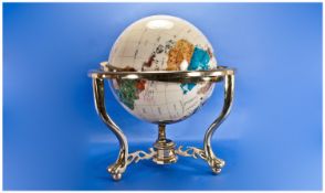 Lapis World Globe Set in a Lacquered Brass Mount and Stand set with semi precious stones. Compass