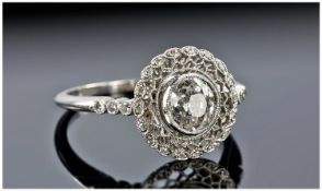White Gold Diamond Ring, Millegrain Set Central Round Cut Diamond, Open Lattice Work Border