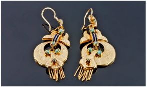Victorian Pair of Fine 18ct Gold and Turquoise Tassel Drop Earrings, c.1880`s. Each 2.5 inches
