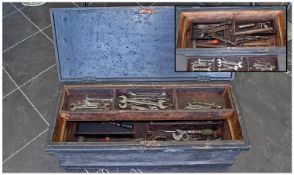 Large Wooden Tool Box Containing A Collection Of Old Hand Tools, Comprising Lots Of Spanners, Screw