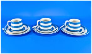 T.G Green Cornish Ware Trios. Cup, saucer and side plate. Three trios in total.