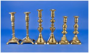 19th Century Brass Candlesticks, 3 pairs in total. Various styles and sizes. tallest candlesticks
